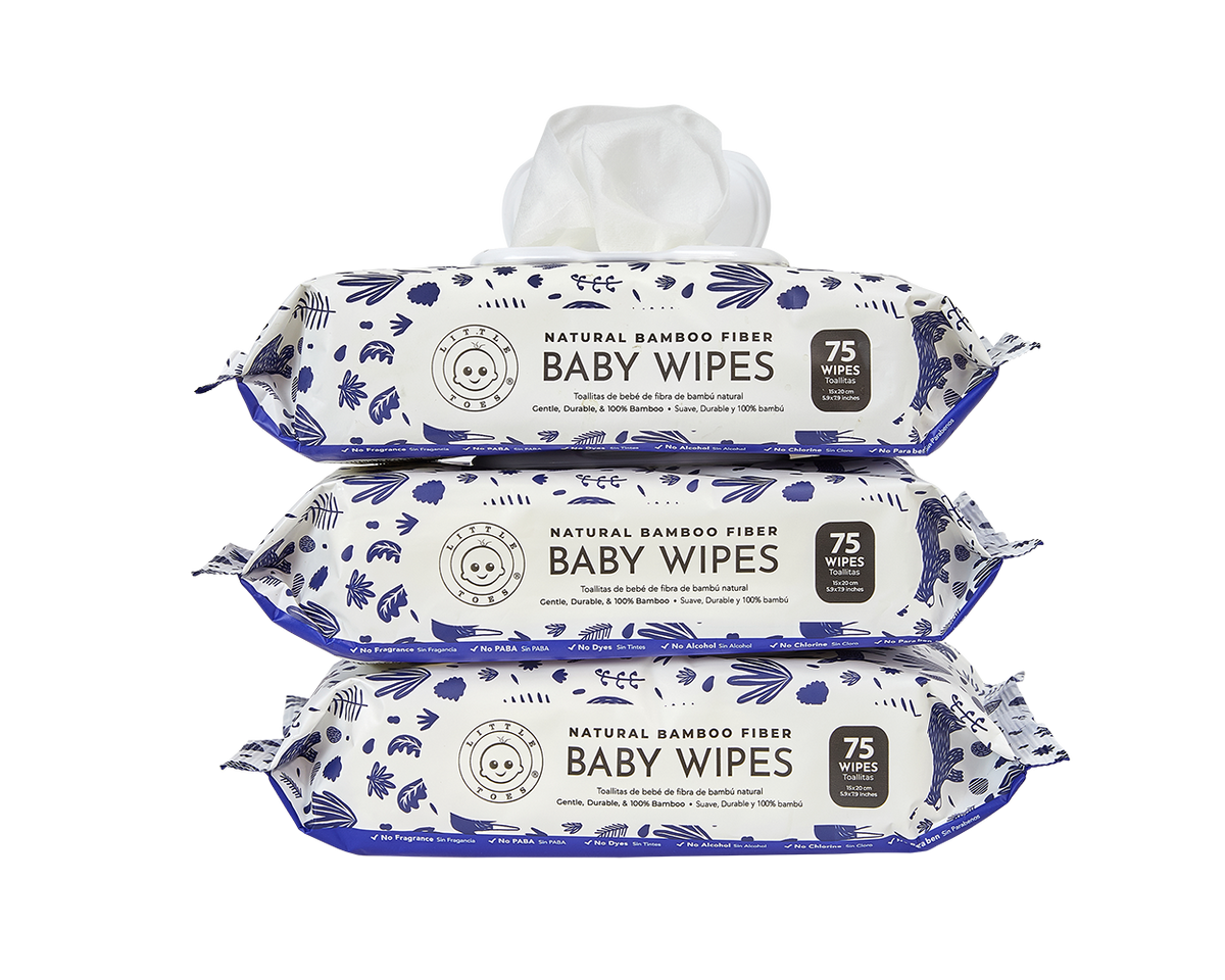 Little Toes Natural Bamboo Fiber Baby Wipes- 3 Packs of 75 Wipes (Total 225 Wipes)- Woodland